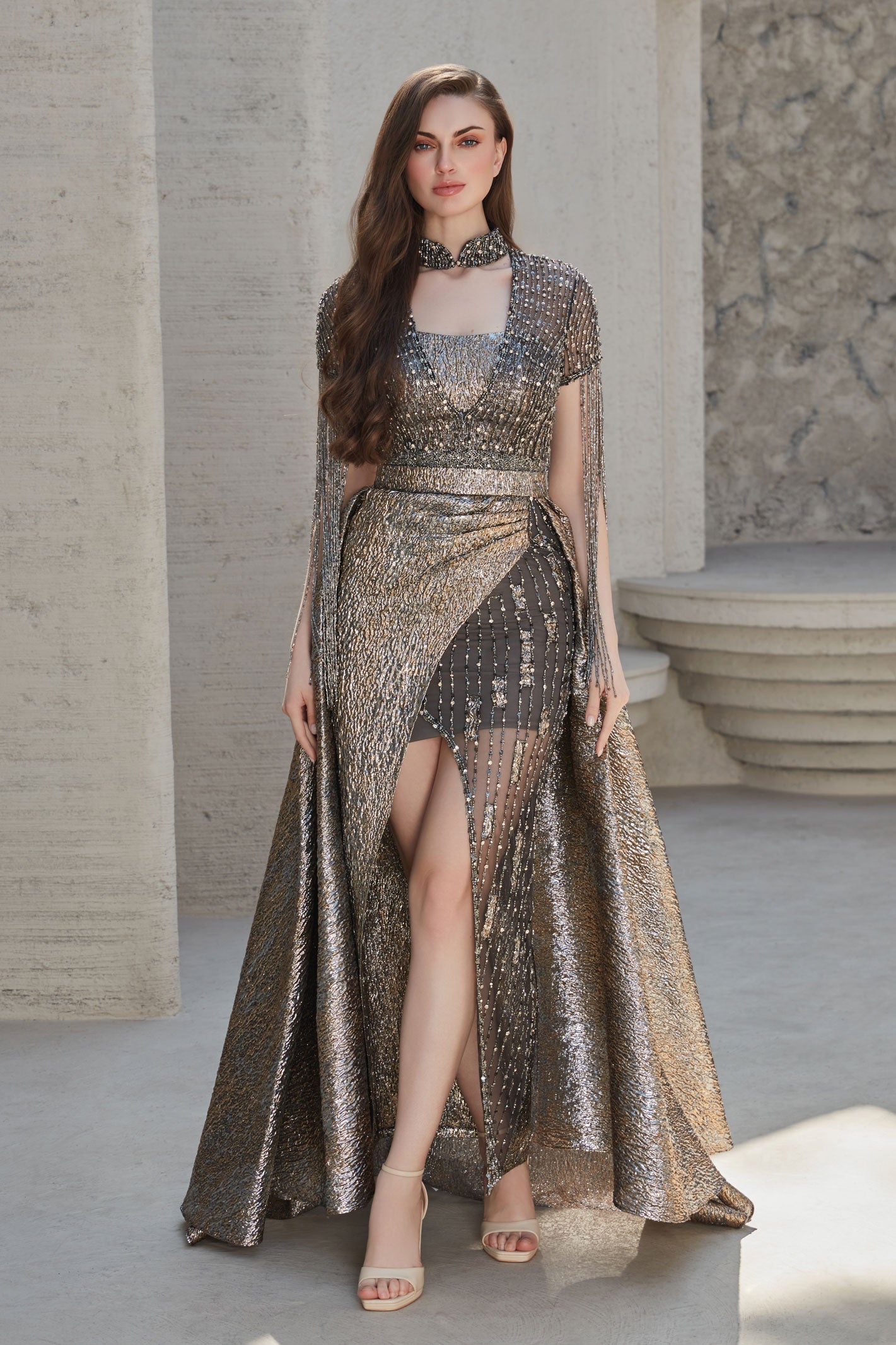 Collared V-Neck Brocard Princess Evening Gown