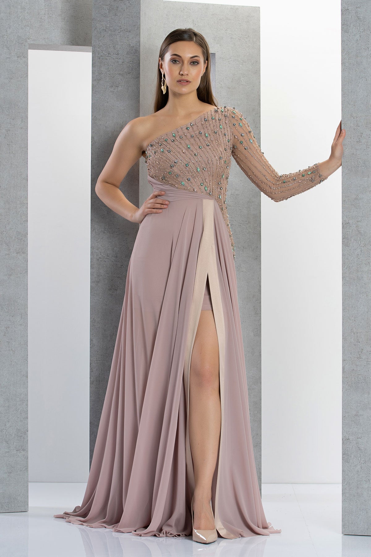 Eva One-Shoulder Sleeve chiffon Evening Gown