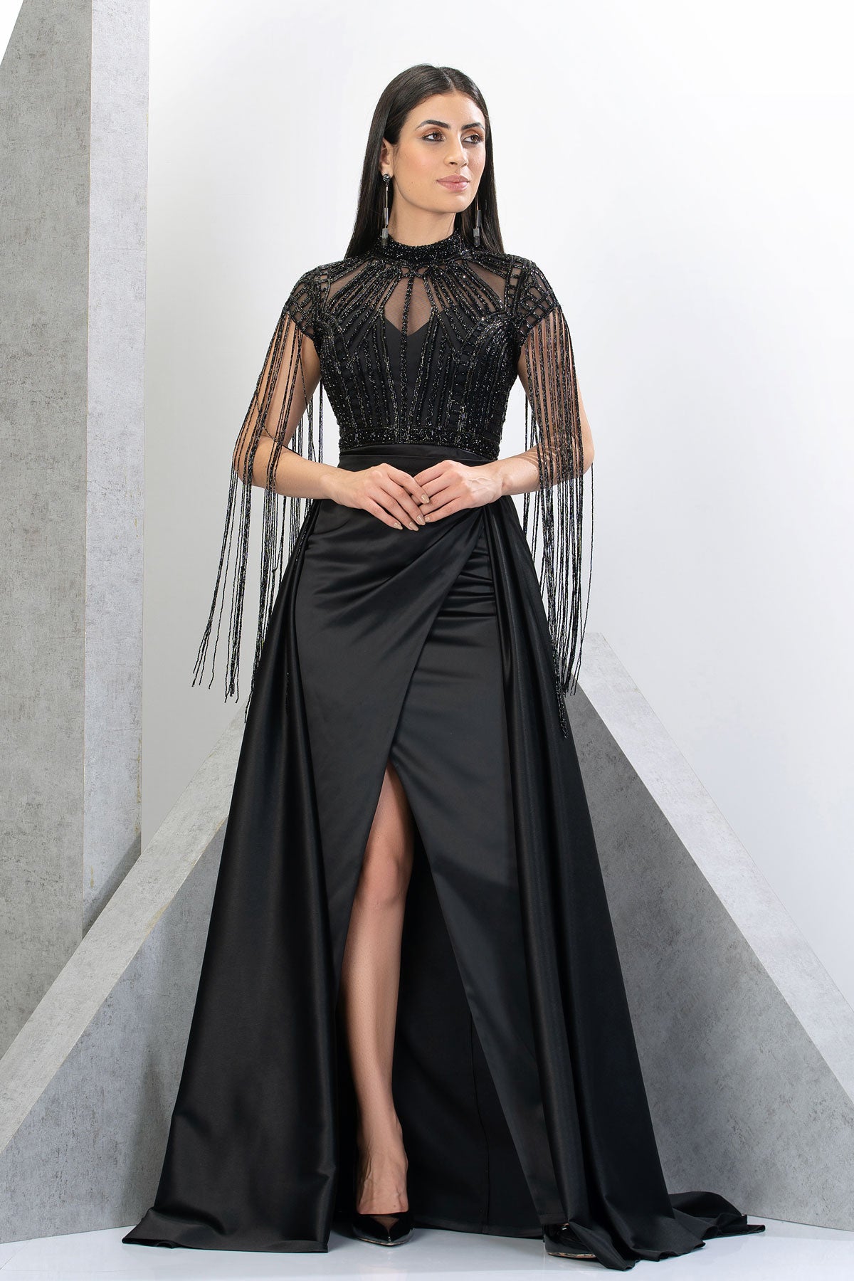 A-Line/Princess High Neck Ankle Length Satin Evening Dresses with Fringe main image 1