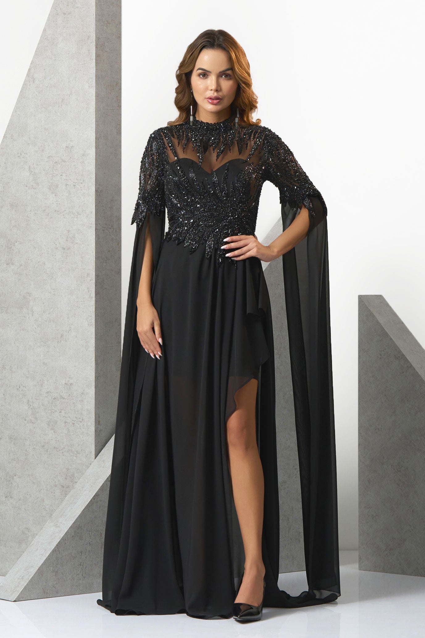 Daniella High Neck Flowy Sleeve Evening Gown1