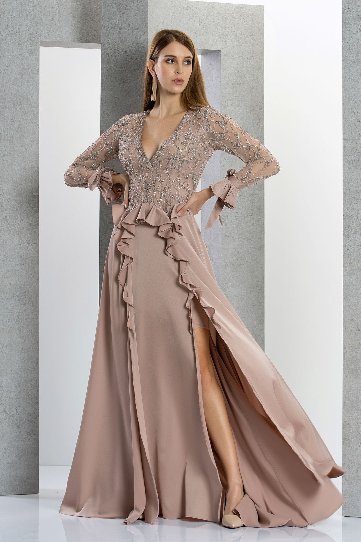 Stav V Neck Ruffle Evening Gown