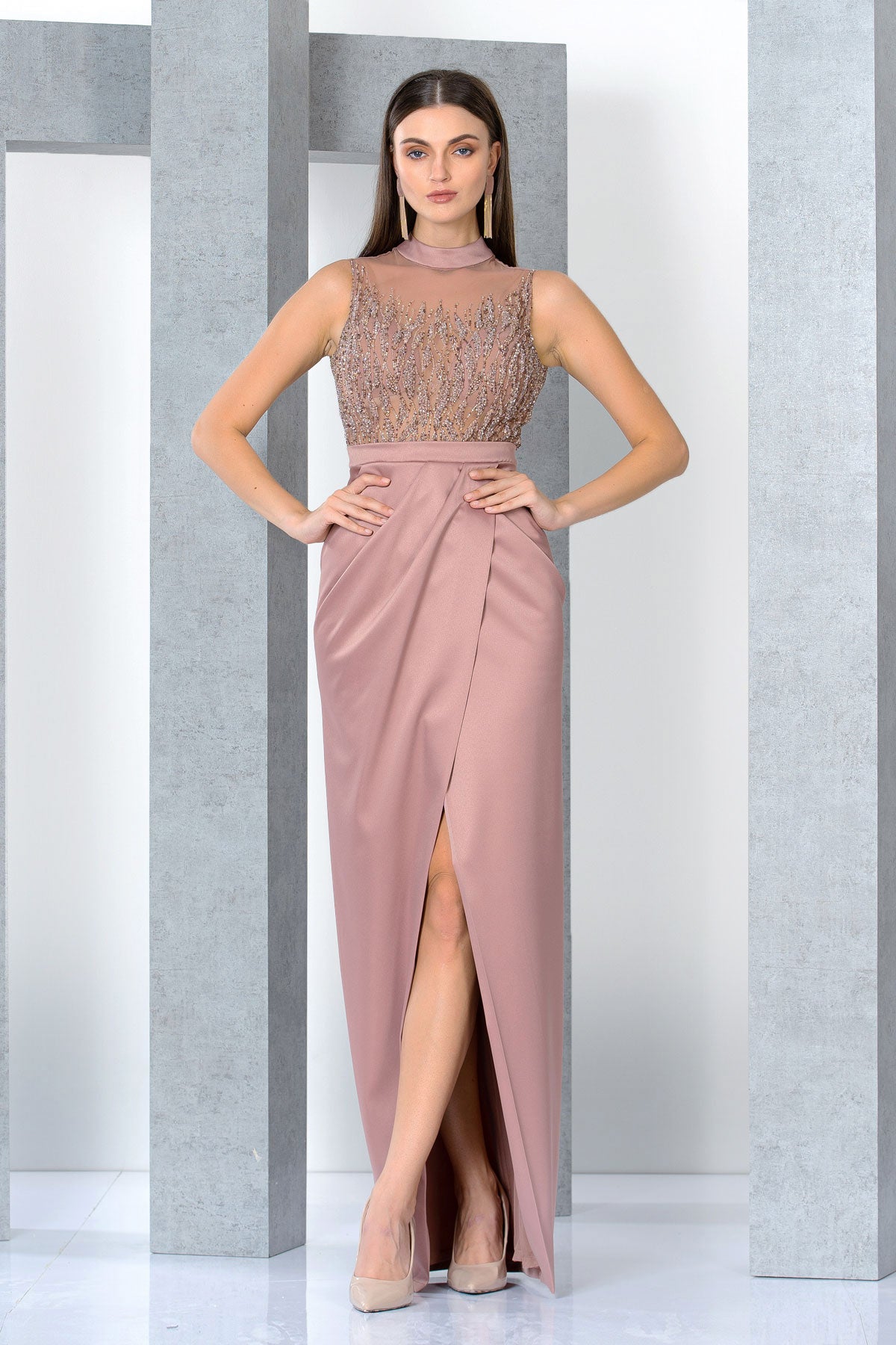Alexandra High Neck Sleeveless Evening Satin Gown