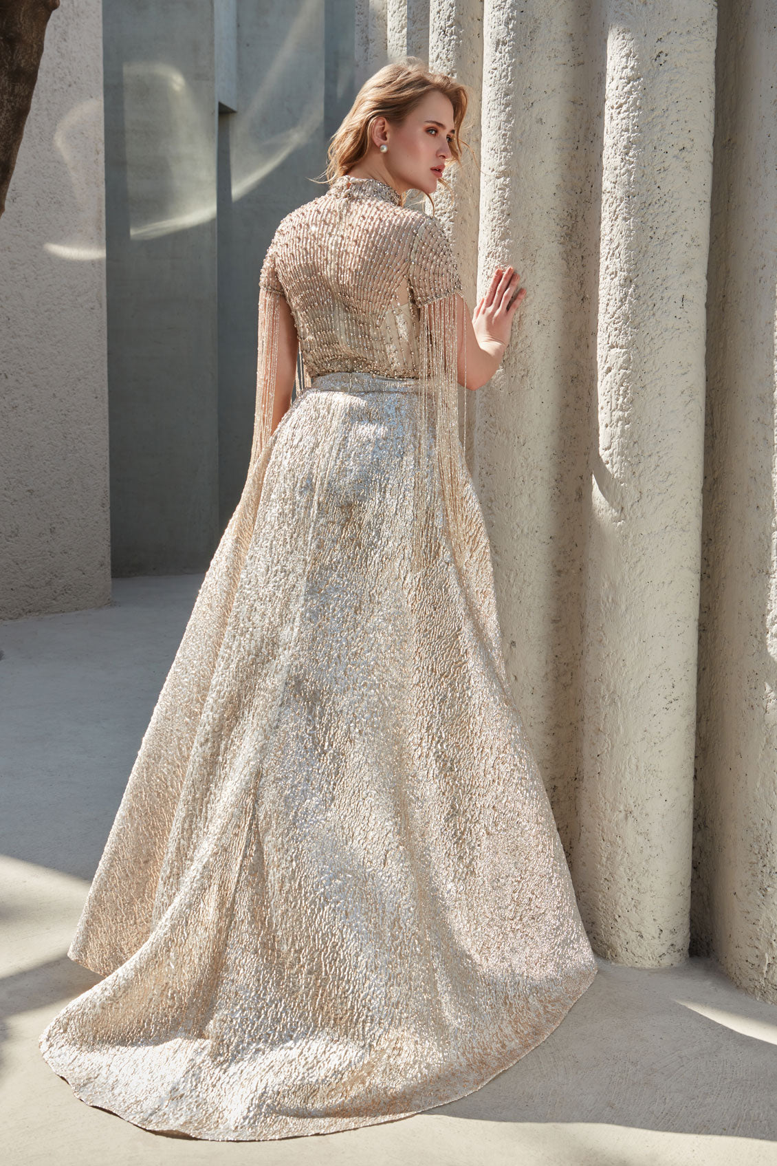 Collared V-Neck Brocard Princess Evening Gown