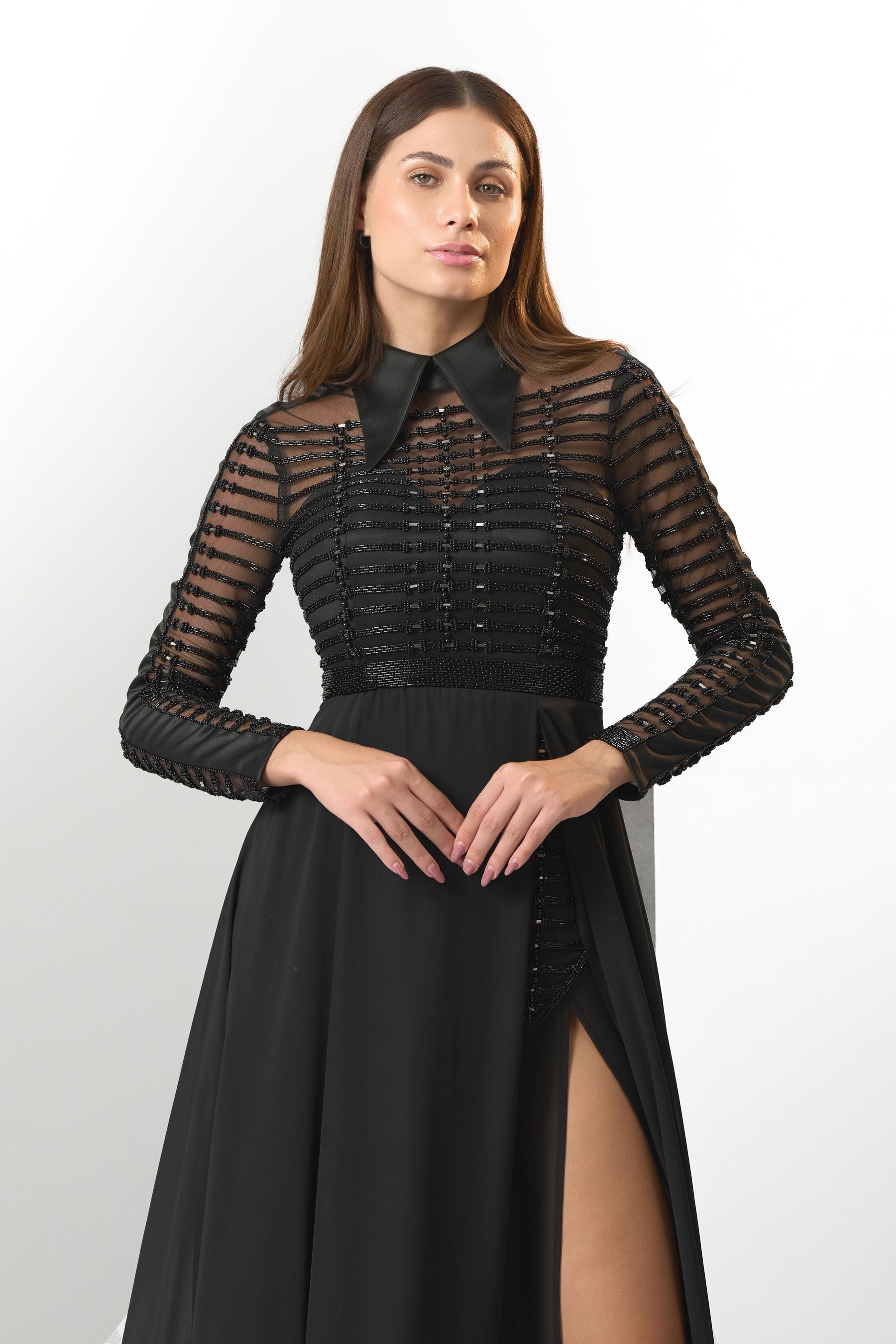 Elisea Wing Collared High Slit Evening Gown Elisea Wing Collared High Slit Evening Gown